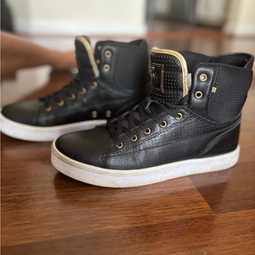 Black High-Top Sneakers with Gold Accents Vlado Footwear